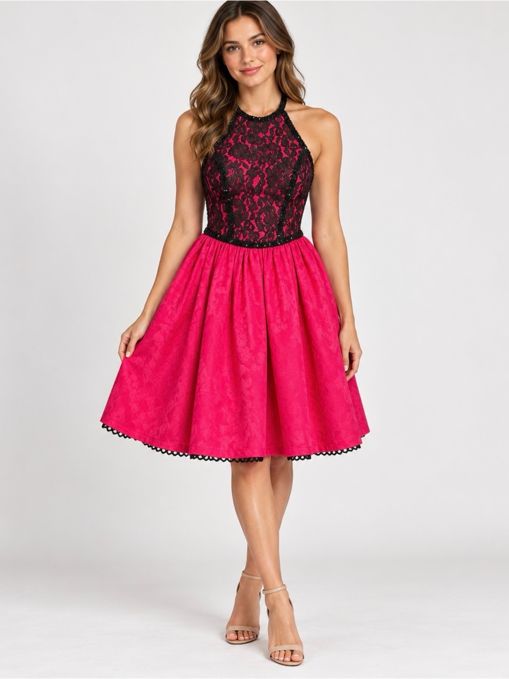 Vintage Bill Blass Evening Size 8 Fuchsia Black Lace Halter Party Dress NWT